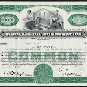 May include: A vintage Sinclair Oil Corporation stock certificate, featuring green and black ink. The certificate includes the text "NINETY-ONE" and "NOV 14 1956". It has illustrations of a factory and classical figures.