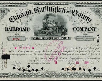 May include: A vintage stock certificate for the Chicago, Burlington and Quincy Railroad Company. The certificate is dated July 18, 1895, and is for fifty shares of stock, each worth $100. The certificate is printed on a light green paper with black ink and features a black and white illustration of a steam locomotive.