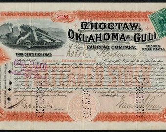 Choctaw, Oklahoma and Gulf Railroad Company Stock Certificate - 1890s