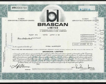 Brascan Limited Stock Certificate - 1970s - Sao Paulo Tramway, Light and Power Company