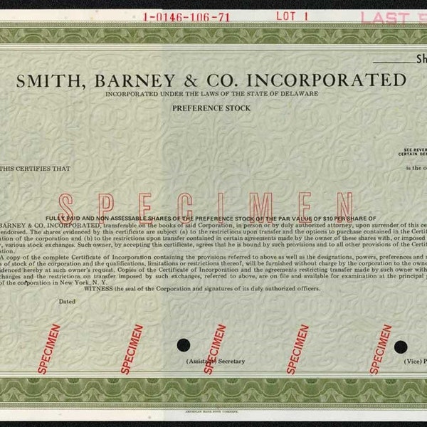 Smith, Barney & Co. Specimen Stock Certificate - 1971 - Rare