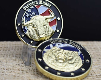 Stock Market Bull & Bear Decision Maker Coin - 18k Gold Plated