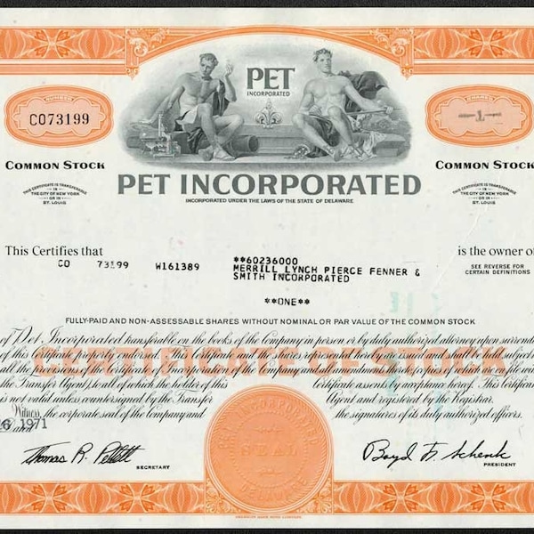 Pet Incorporated Stock Certificate - Issued to Merrill Lynch - Pet Evaporated Milk