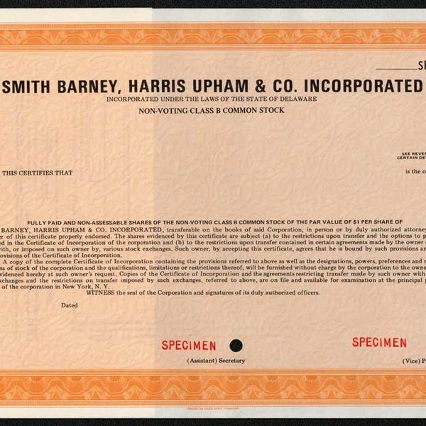 Smith Barney, Harris Upham & Co. Specimen Stock Certificate - Rare
