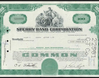 Sperry Rand Corporation Stock Certificate - Now Unisys - Sperry Aircraft Gyroscope