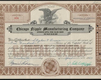 Chicago Nipple Manufacturing Co Stock Certificate