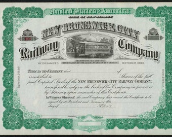 New Brunswick City Railway Company Stock Certificate - 1890s