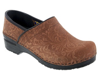 tooled leather clogs