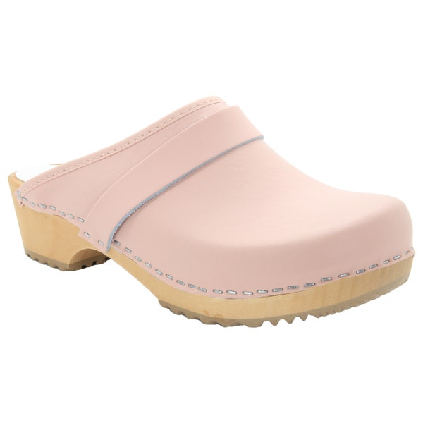 Maja Wood Open Back Pink Leather Clogs