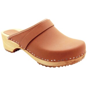 May include: A brown leather clog with a wooden sole. The shoe features a rounded toe, a strap across the top, and a low heel. The sole is made of light-colored wood, and the leather is a warm, reddish-brown color.