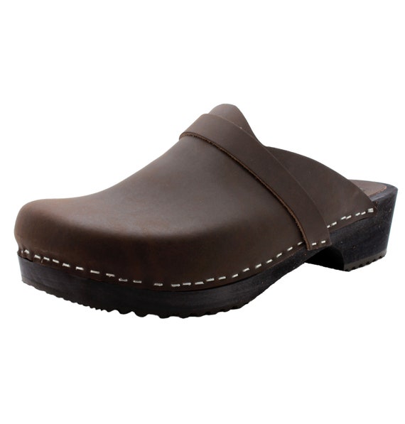 KLAGN Men s Axel Leather Open Back Wooden Clogs in Vintage Brown Leather Etsy UK