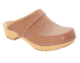 Maja Wood Open Back Brown Leather Clogs