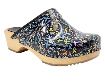 BJORK Maja Wooden Clogs in Hope Ribbons Printed Leather