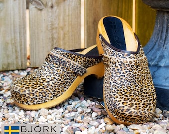 Safari Leopard Holz Open Back Leder Clogs