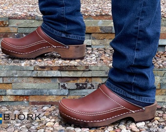 BJORK Men's Swedish Wooden Clogs in Brown Oiled Leather