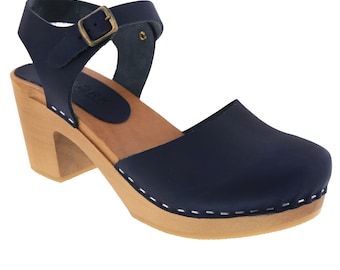 BJORK Margareta Wooden Clog Sandals in Navy Oiled Leather