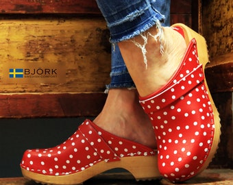 Emma Wooden Open Back Leather Clogs in Red and White Polka Dots