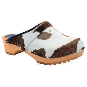 Safari Brown Cow Wood Open Back Leather Clogs