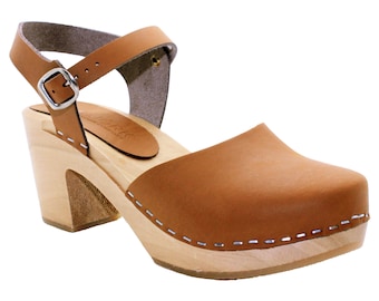 BJORK Margareta Wooden Clog Sandals in Cognac Oiled Leather