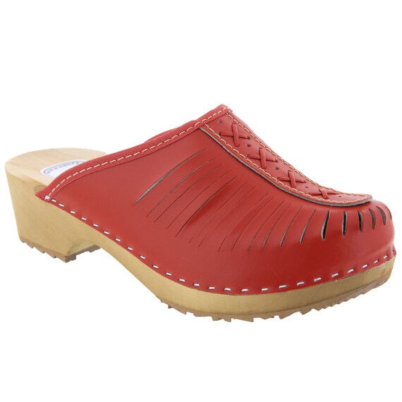 red leather clogs