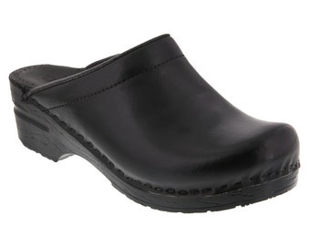 BJORK Open Back Stella Black Cabrio Leather Clogs