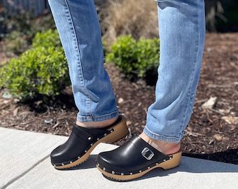 BJORK Anna Wood Open Back Full Grain Natural Black Leather Clogs
