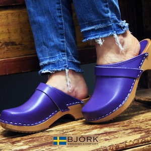 BJORK Maja Wood Open Back Purple Leather Clogs