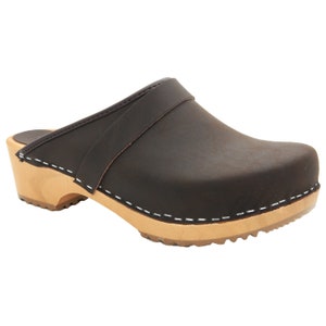 Wood Maja Clogs in Antique Brown Oiled Leather