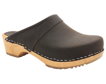 Wood Maja Clogs in Antique Brown Oiled Leather