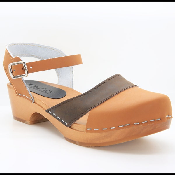 BJORK Mila Wooded Clog Sandals in Brown Combo Oiled Leather