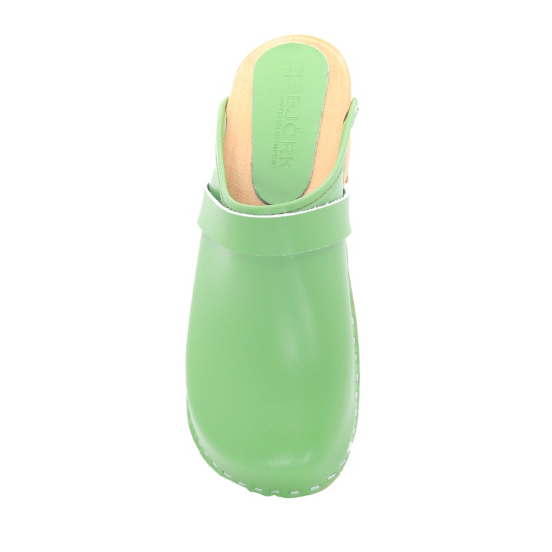 Maja Wood Open Back Green Leather Clogs