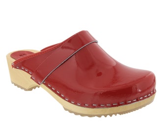 Leia Classic Wood Clogs in Red Patent Leather