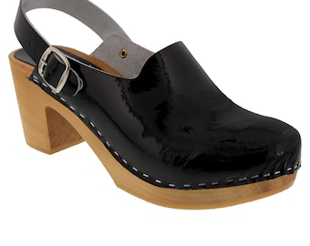 BJORK Svea Wood Fashion Clogs in Black Patent Leather