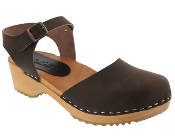 Alma Wooden Clog Sandals in Brown Oiled Leather