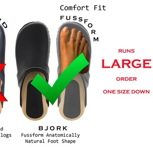 May include: Two pairs of clogs, one with a rounded toe and one with a more natural foot shape. The text "Comfort Fit" and "Runs Large, Order One Size Down" is displayed. The clog with the natural foot shape has a green checkmark, while the rounded toe clog has a red X.