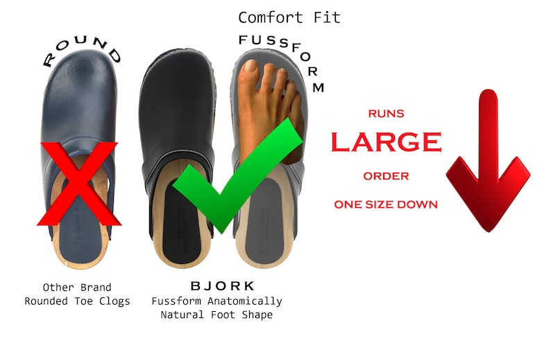 May include: Two pairs of clogs, one with a rounded toe and one with a more natural foot shape. The text "Comfort Fit" and "Runs Large, Order One Size Down" is displayed. The clog with the natural foot shape has a green checkmark, while the rounded toe clog has a red X.