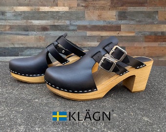 KLÄGN Brigetta Wood Mid-Heel Fashion Clogs in Black Leather