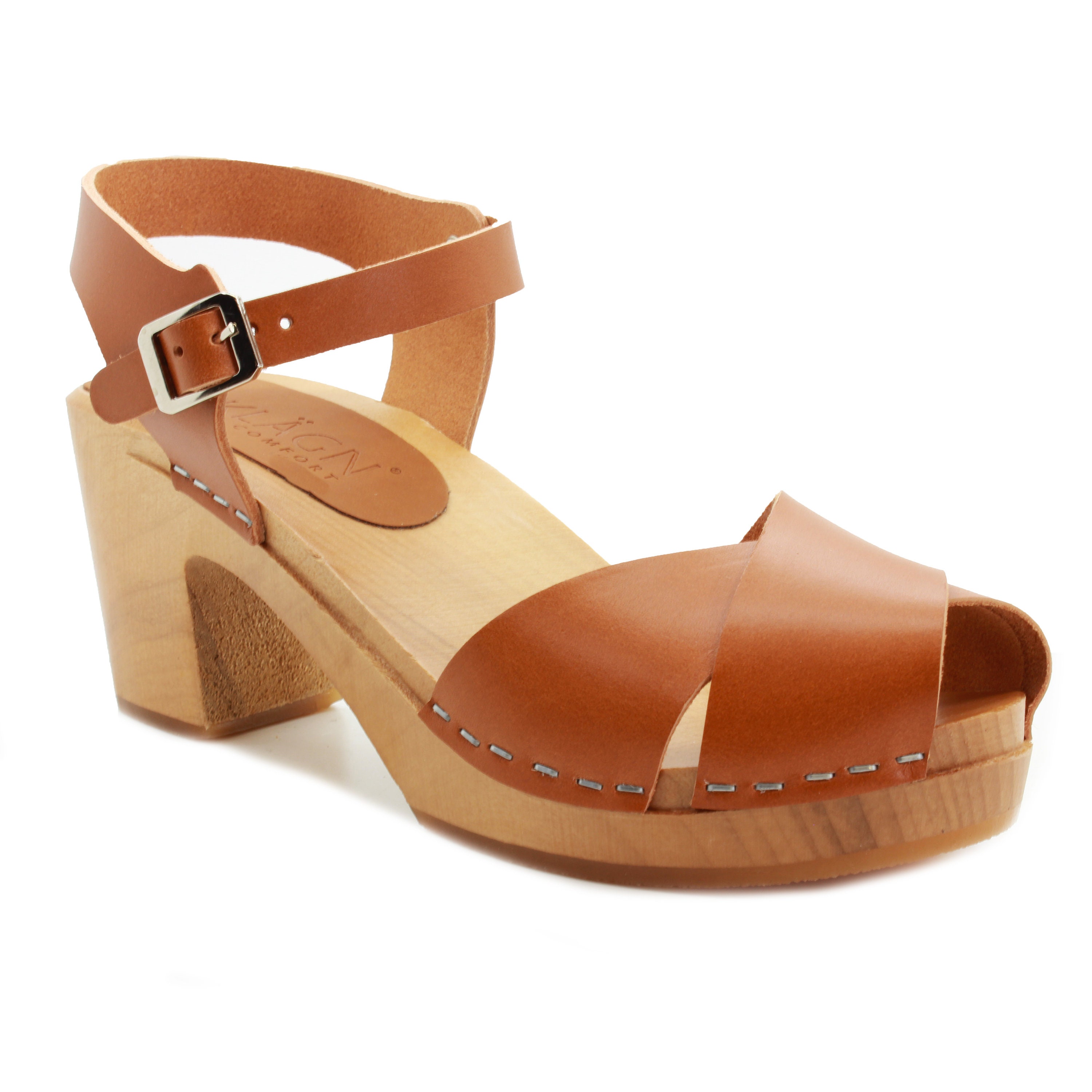 BJORK Duve Wood Mid-heel Peep Toe Fashion Clogs in Cognac Brown