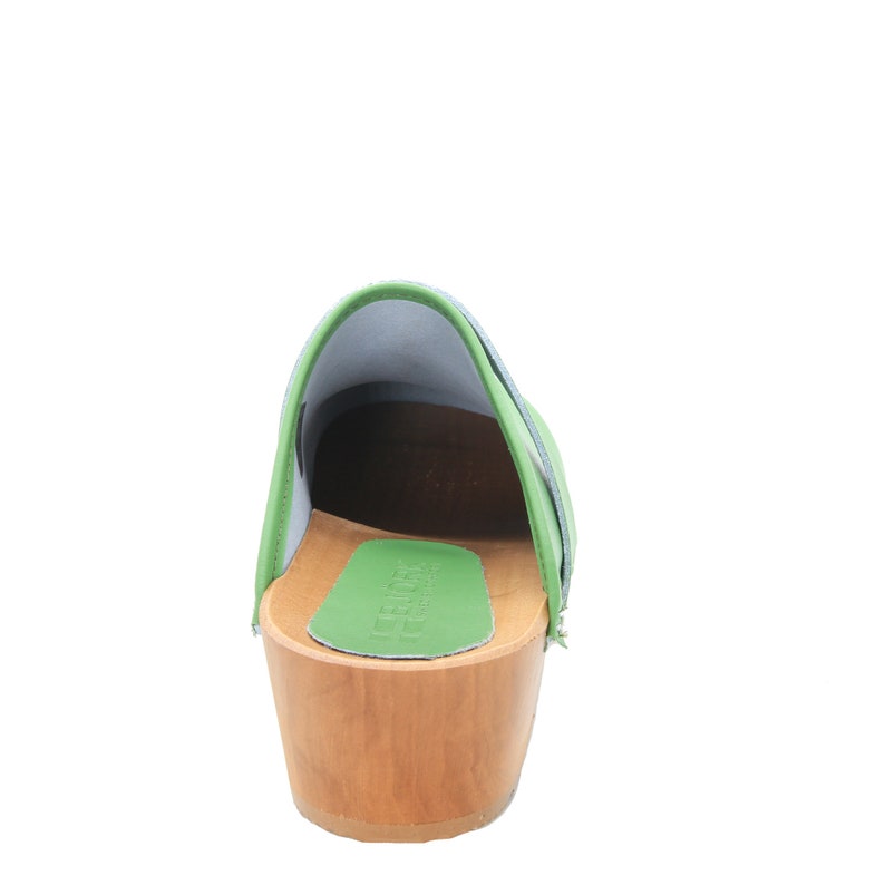 Maja Wood Open Back Green Leather Clogs