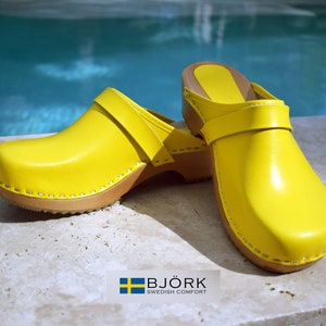 Maja Wood Open Back Yellow Leather Clogs