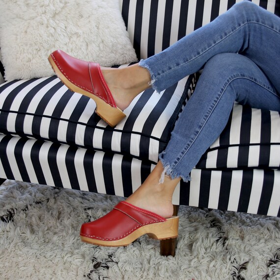 red leather clogs