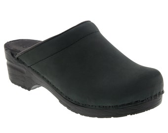 BJORK Open Back Black Oiled Leather Clogs