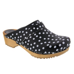 Emma Wooden Open Back Leather Clogs in Black and White Polka Dots