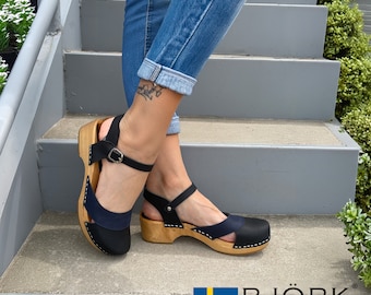 BJORK Mila Wooded Clog Sandals in Black and Navy Oiled Leather