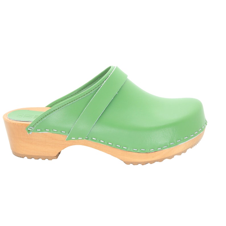 Maja Wood Open Back Green Leather Clogs
