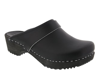 Mala Wood Open Back Black Leather Clogs