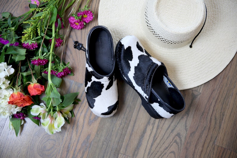 Professional Safari Collection Fur and Leather Clogs in Black and White Cow image 2