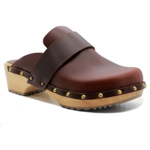 KLÄGN Helvi Wood Open Back Full Grain Leather Clogs in Brown