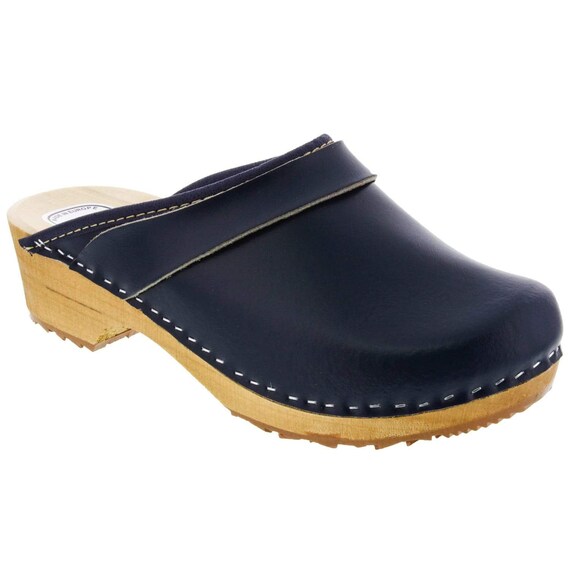 wood and leather clogs