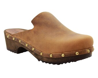 KLÄGN Elin Wood Open Back Vollnarbenleder Clogs in Braun